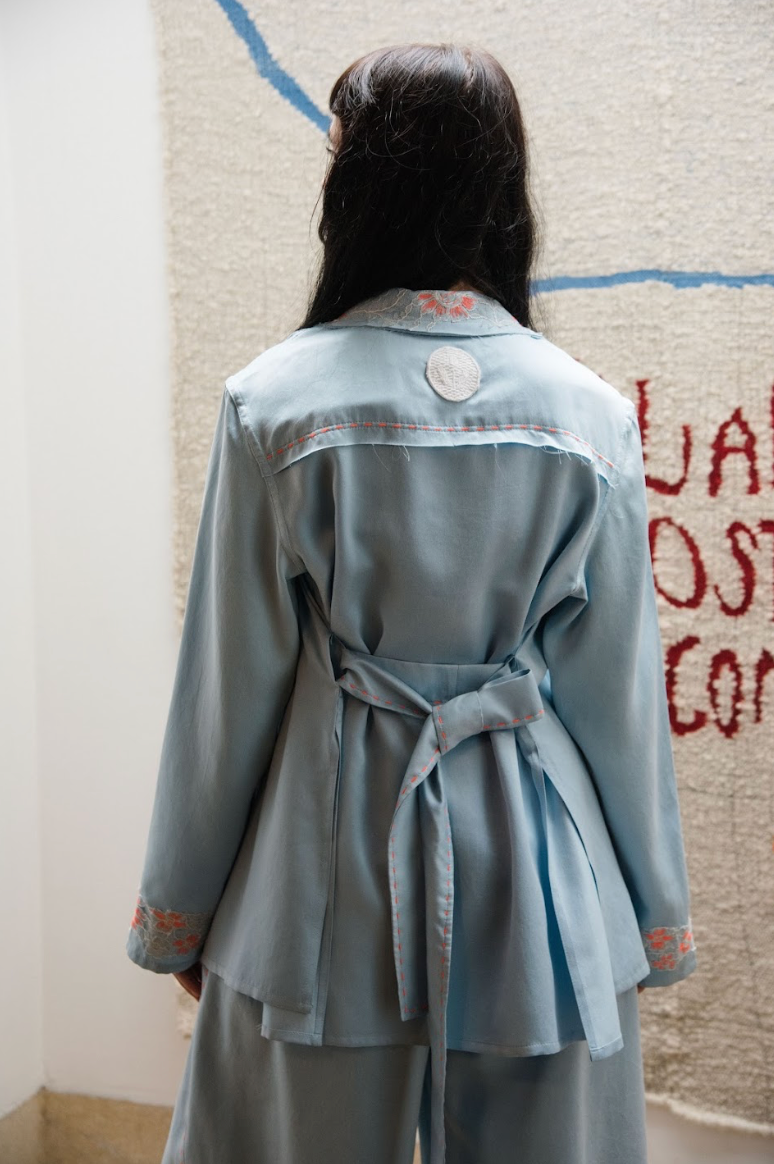 Helena Blue Shirt Blazer in Silk Habotai