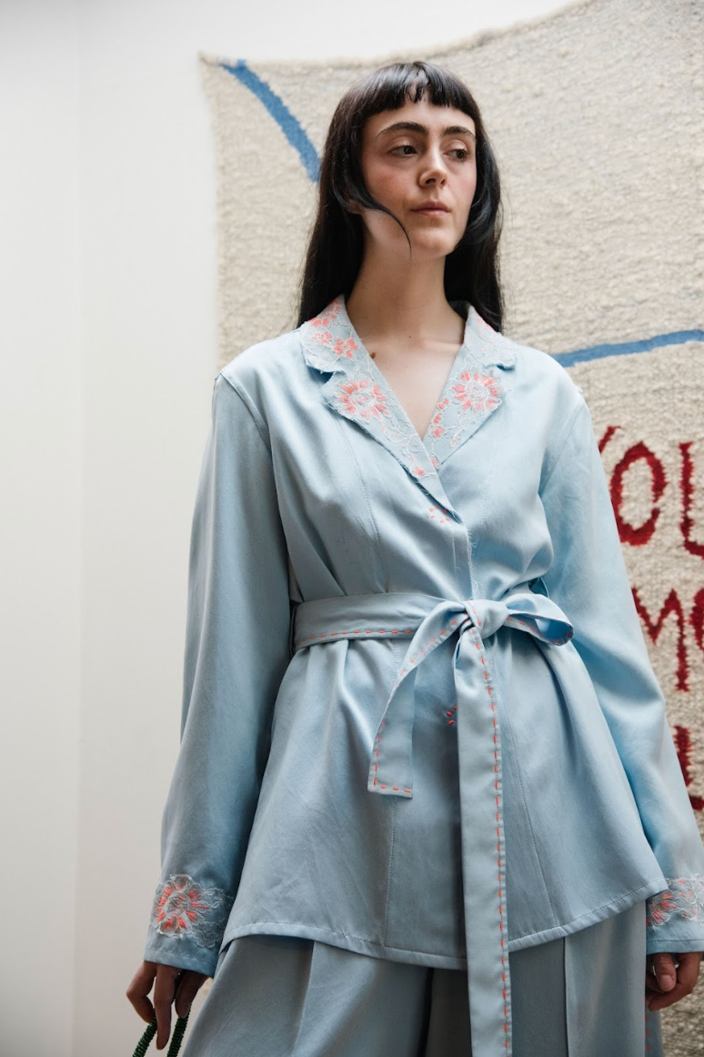 Helena Blue Shirt Blazer in Silk Habotai