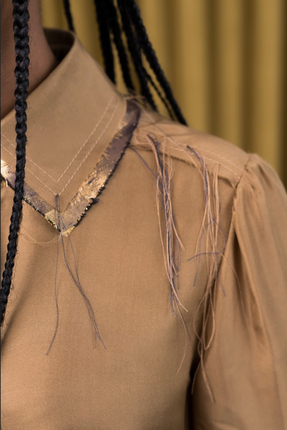 Terra Gathered-Sleeve Classic Shirt in Silk Organza