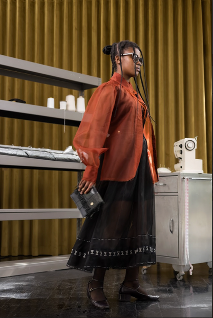 Morning Star Gathered-Sleeve Classic Shirt in Couture Silk Organza