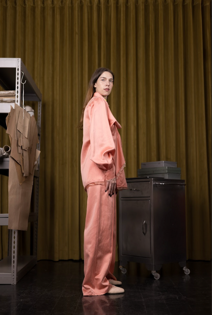 Rosy Maple Straight Cut Pants in Silk Habotai