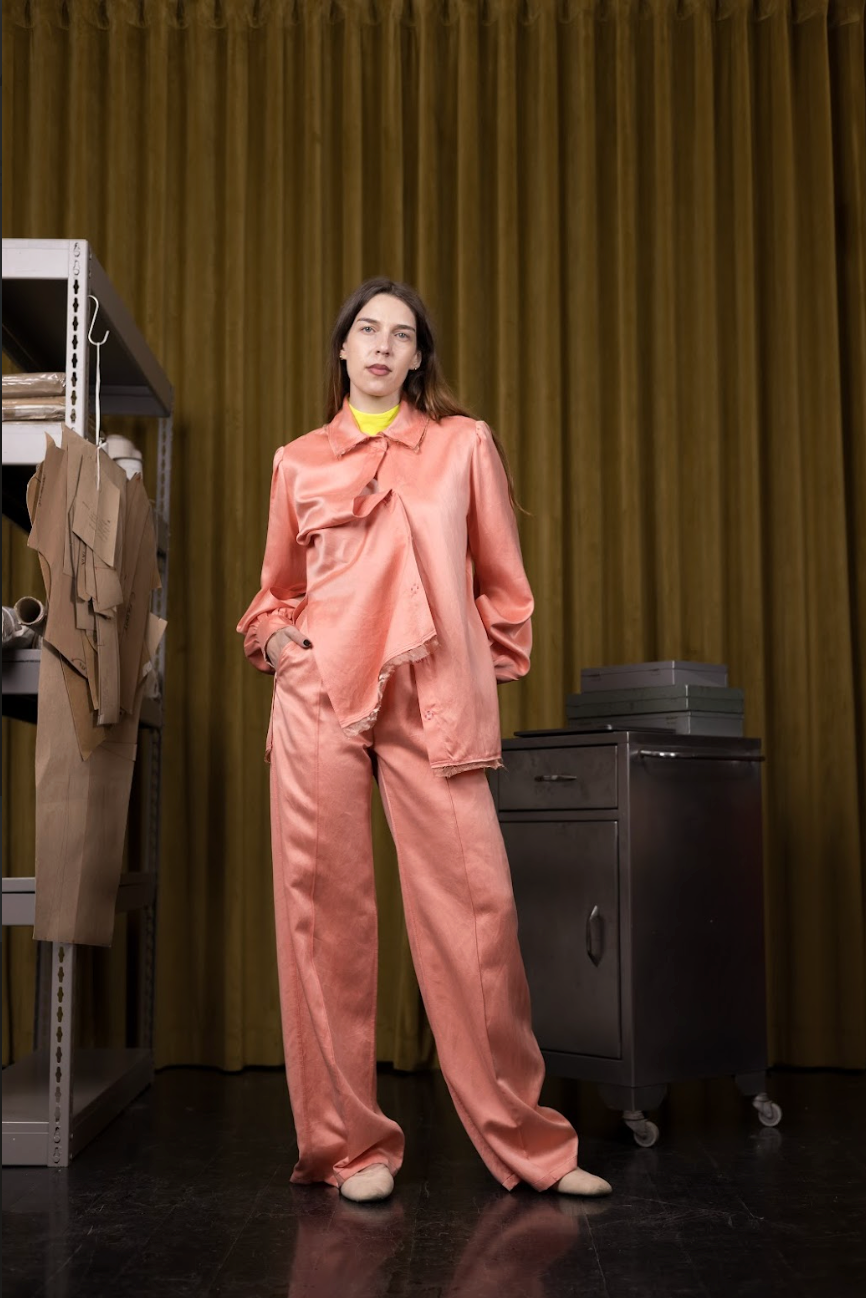 Rosy Maple Gathered-Sleeve  Classic Shirt in Silk Habotai