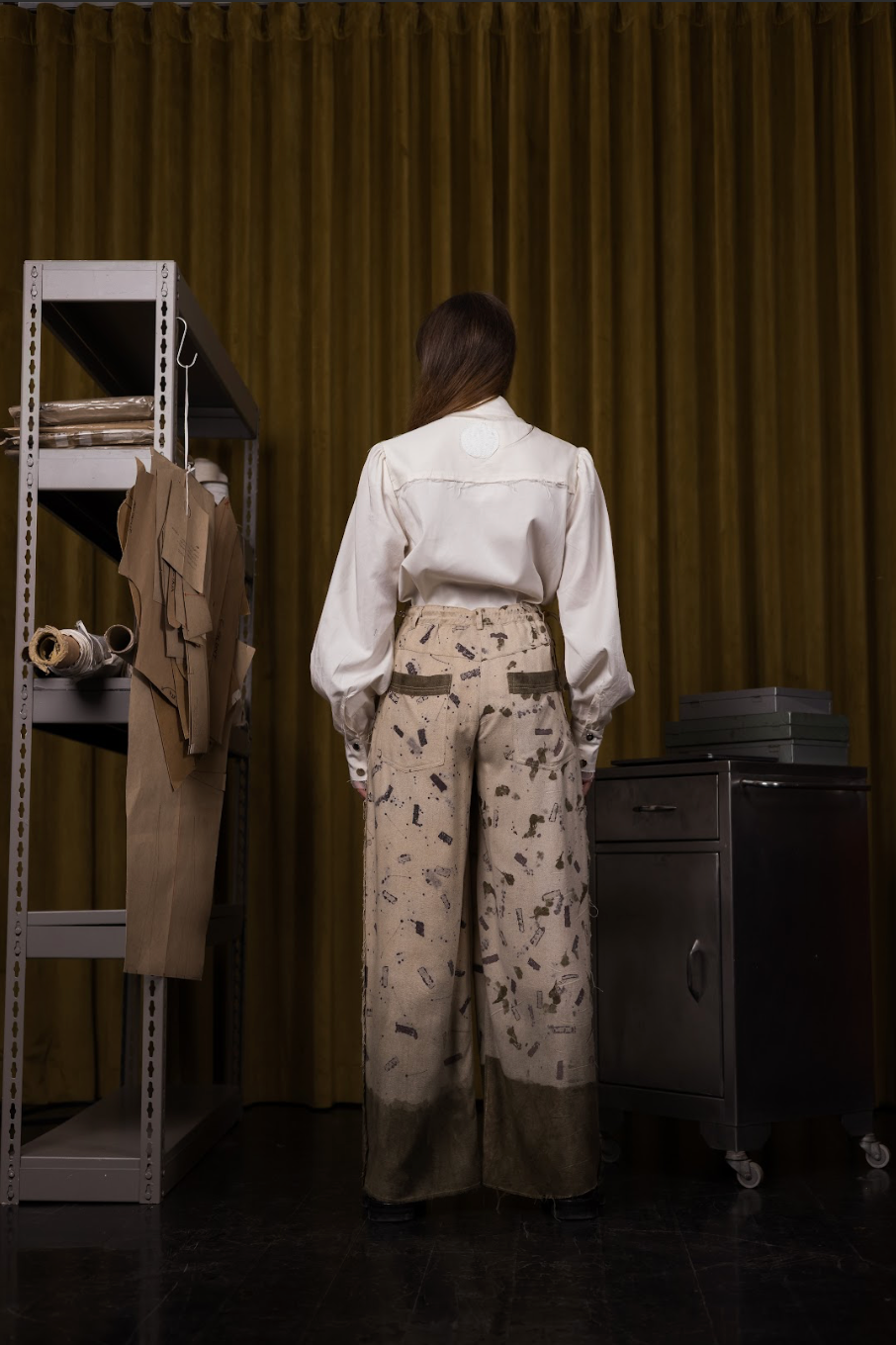 Sawtooth Signature Pants in Eco-Printed Raw Silk with Ostrich Shin Detail