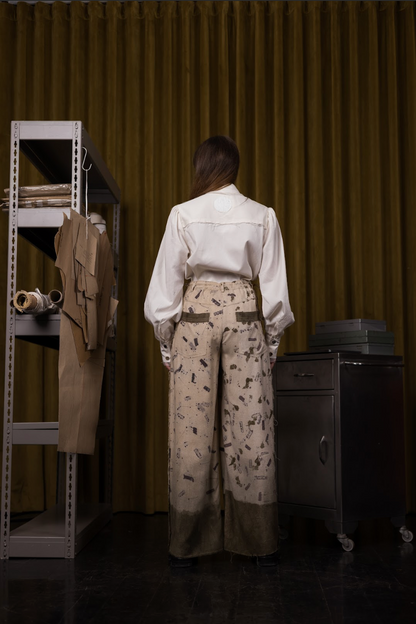 Sawtooth Signature Pants in Eco-Printed Raw Silk with Ostrich Shin Detail