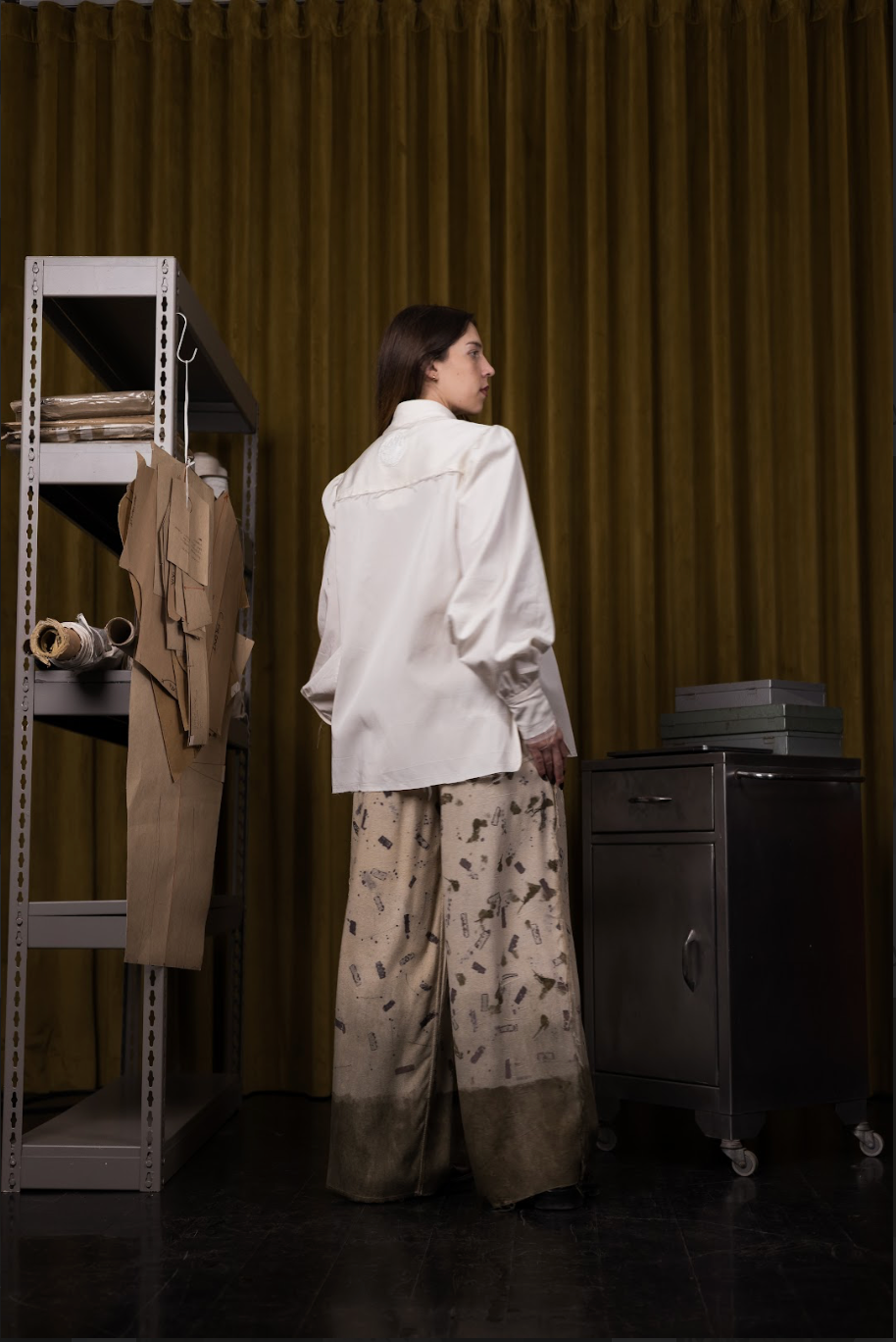 Sawtooth Signature Pants in Eco-Printed Raw Silk with Ostrich Shin Detail