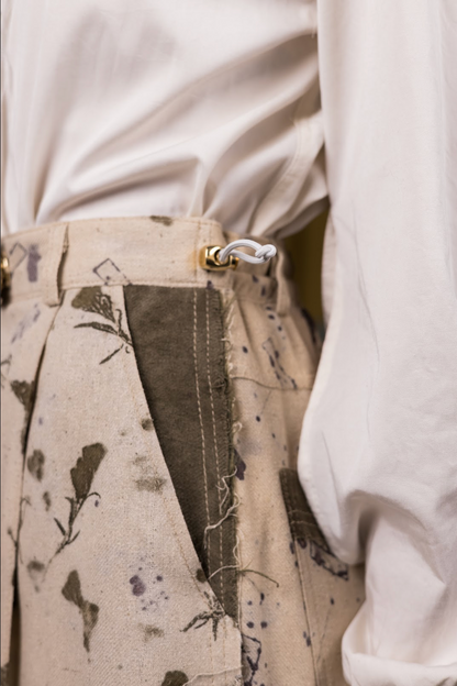 Sawtooth Signature Pants in Eco-Printed Raw Silk with Ostrich Shin Detail