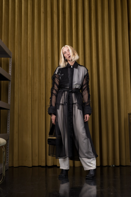 Held and Gathered Black Utility Dress in Silk Organza
