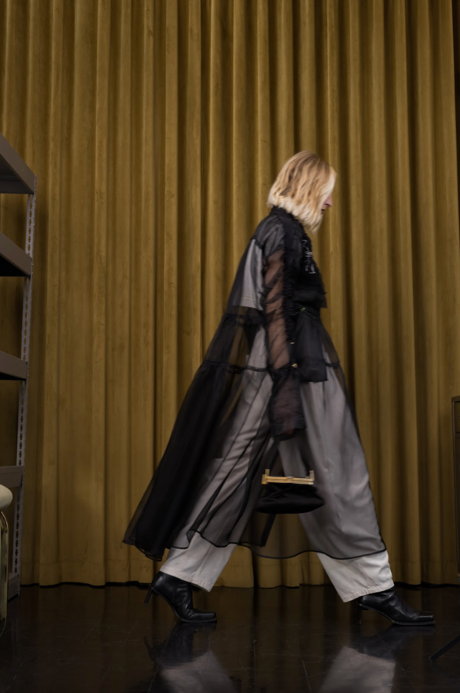 Held and Gathered Black Utility Dress in Silk Organza