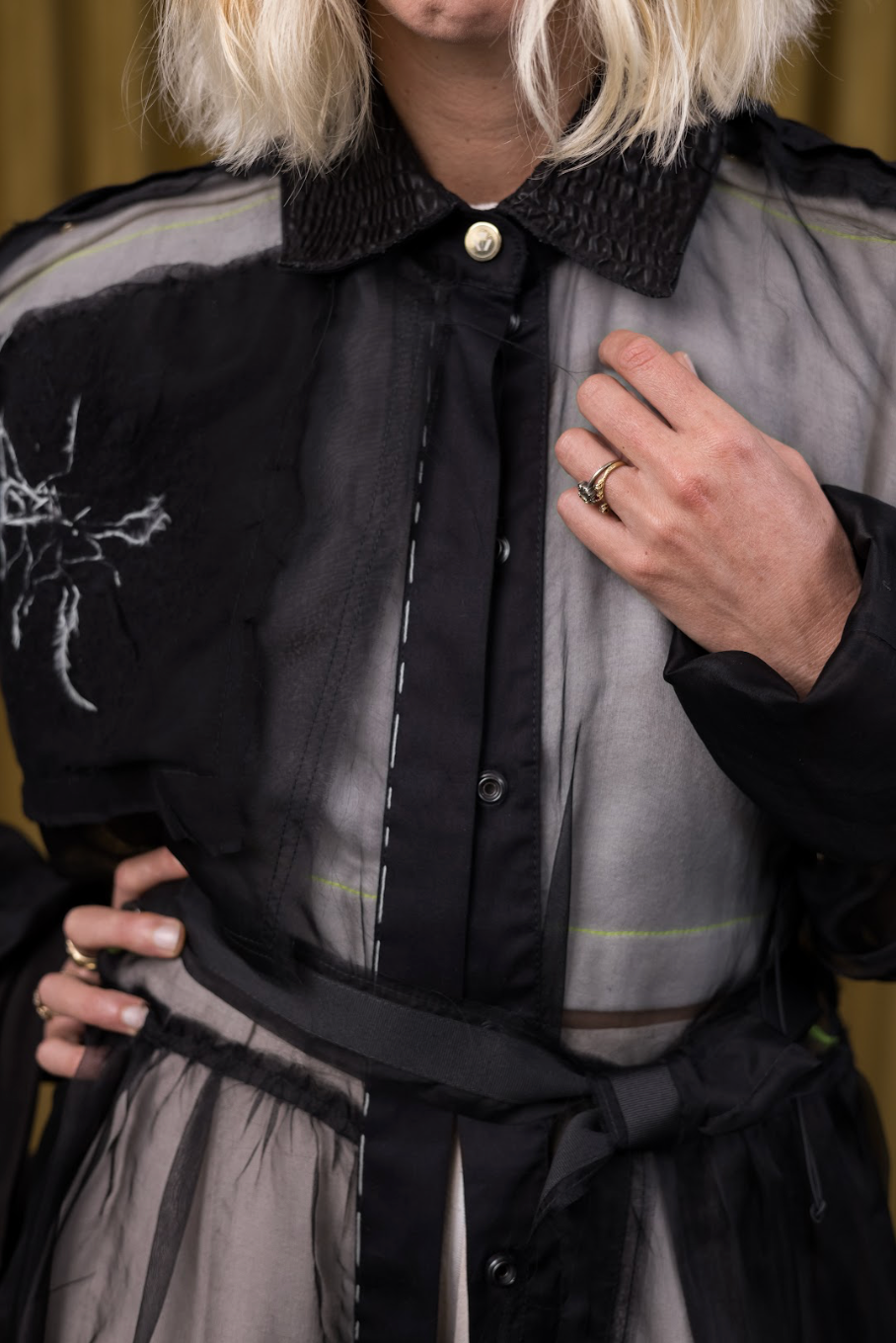 Held and Gathered Black Utility Dress in Silk Organza