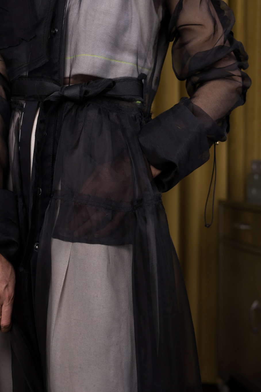 Held and Gathered Black Utility Dress in Silk Organza