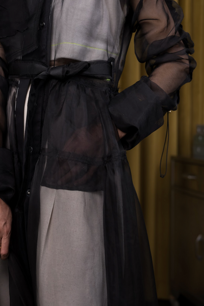 Held and Gathered Black Utility Dress in Silk Organza