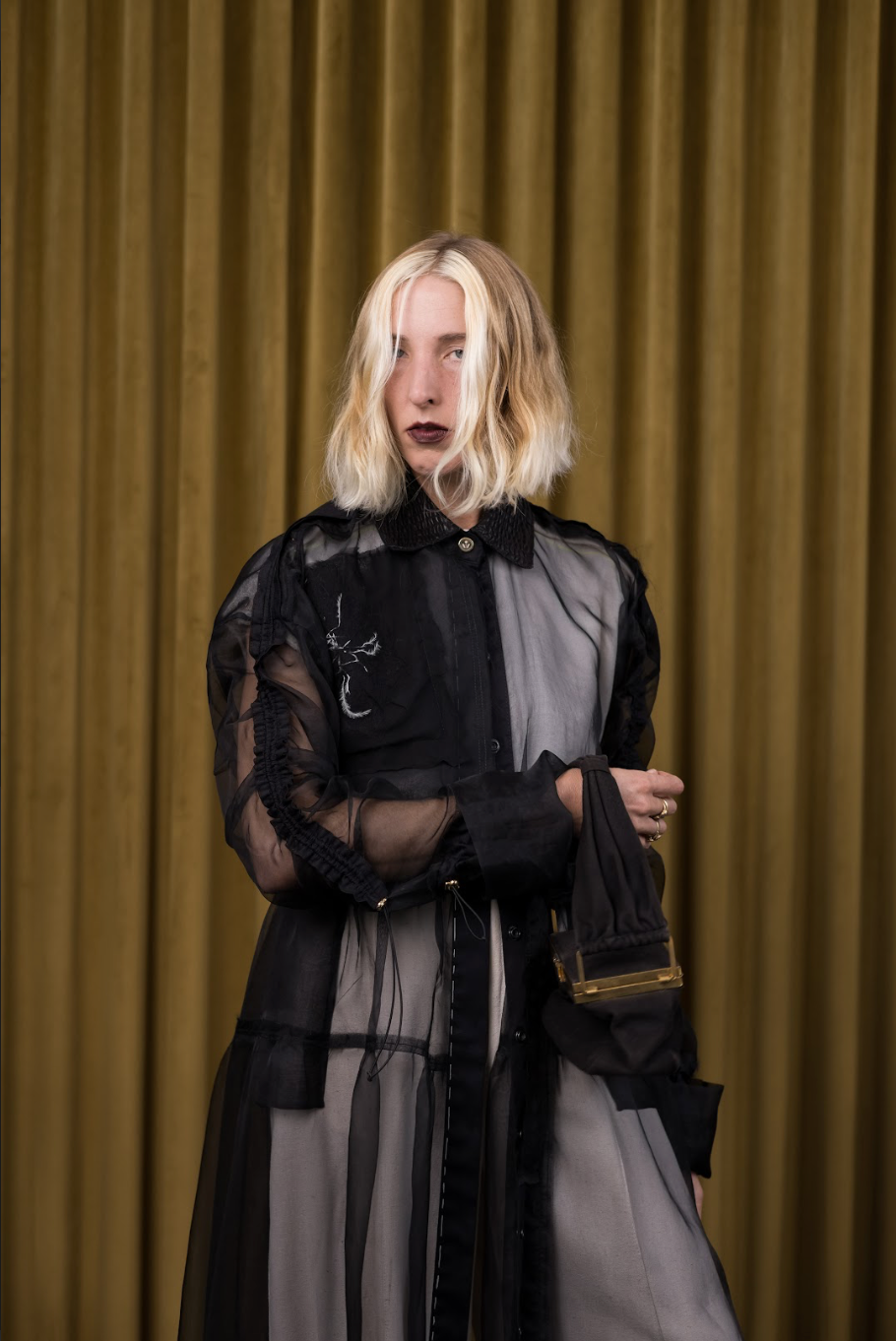 Held and Gathered Black Utility Dress in Silk Organza