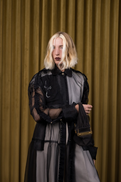Held and Gathered Black Utility Dress in Silk Organza