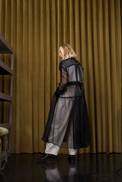 Held and Gathered Black Utility Dress in Silk Organza