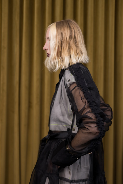 Held and Gathered Black Utility Dress in Silk Organza