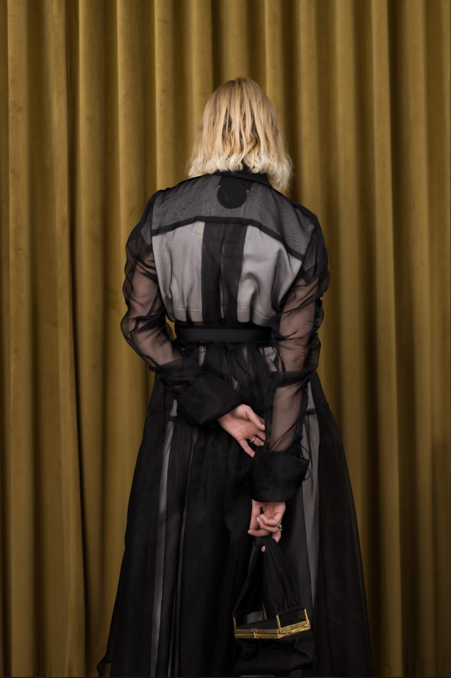 Held and Gathered Black Utility Dress in Silk Organza