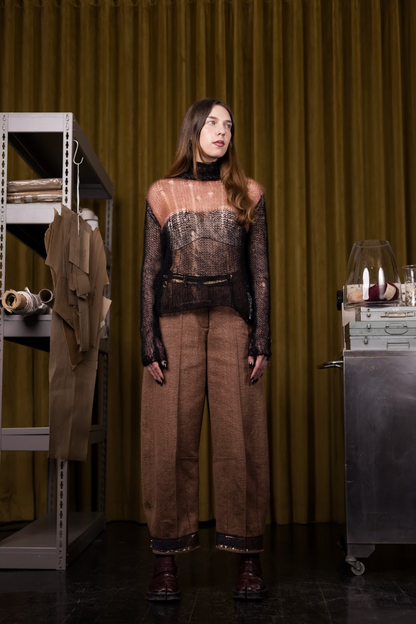 Black and Rusty Pink Artisanal Silk Mohair Turtleneck Top