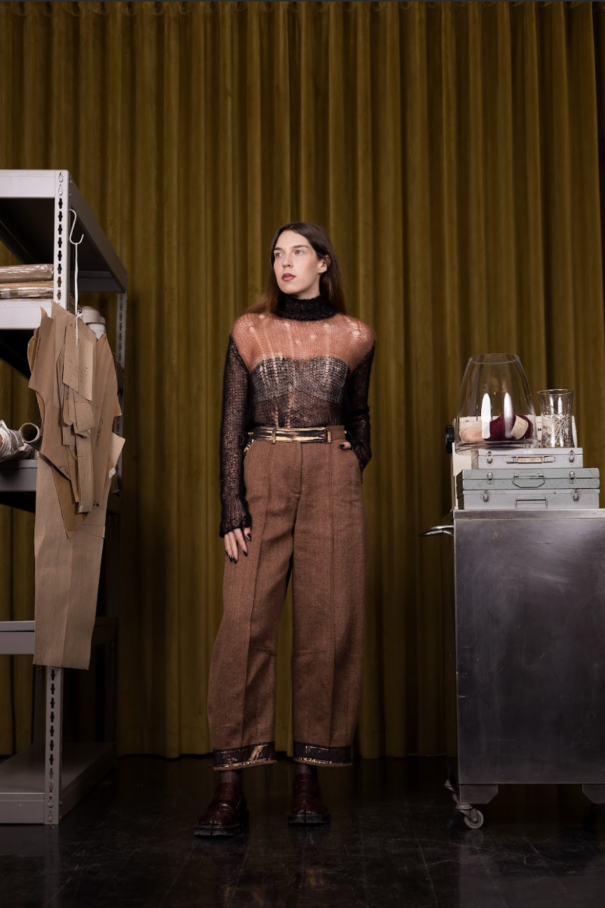 Black and Rusty Pink Artisanal Silk Mohair Turtleneck Top