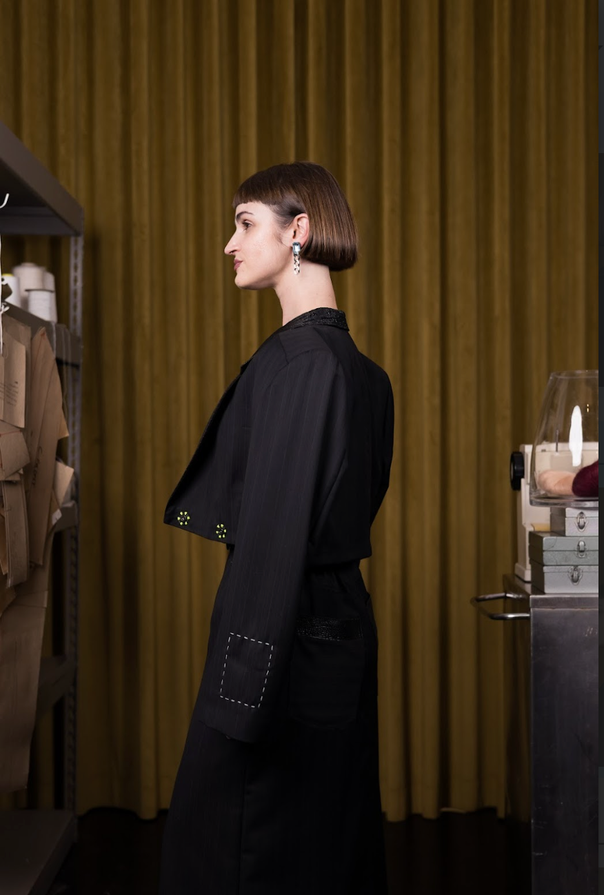 Onyx Cropped Double Breasted Jacket in Wool Mohair