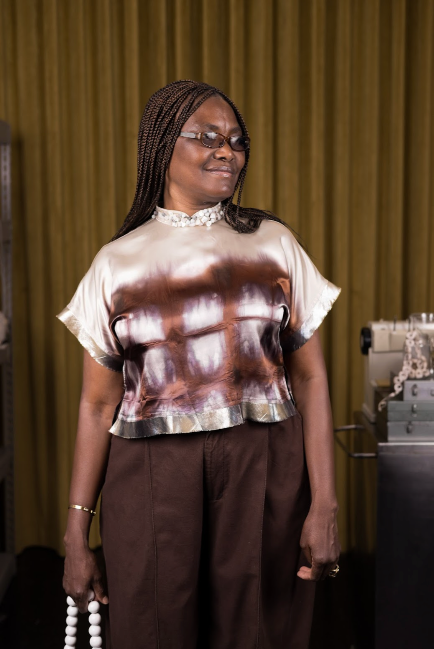 Hand-Dyed Champagne Qipao Top in Reclaimed Acetate with Beaded Collar