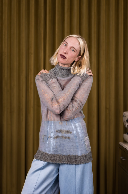 Artisanal 100% South African Merino Wool Silver Ladder Knitted Turtleneck Top