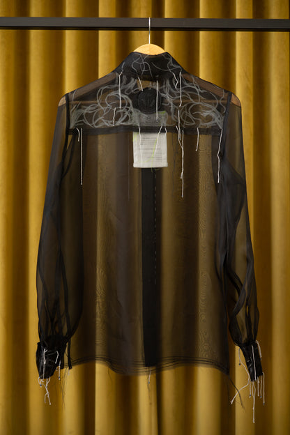 Charon Gathered-Sleeve Classic Shirt in Silk Organza