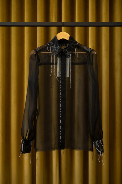 Charon Gathered-Sleeve Classic Shirt in Silk Organza