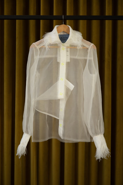 Icarus Gathered-Sleeve Classic Shirt in Silk Organza