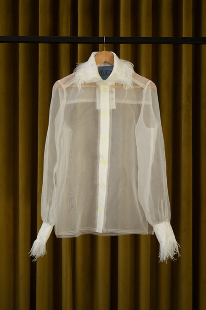Icarus Gathered-Sleeve Classic Shirt in Silk Organza