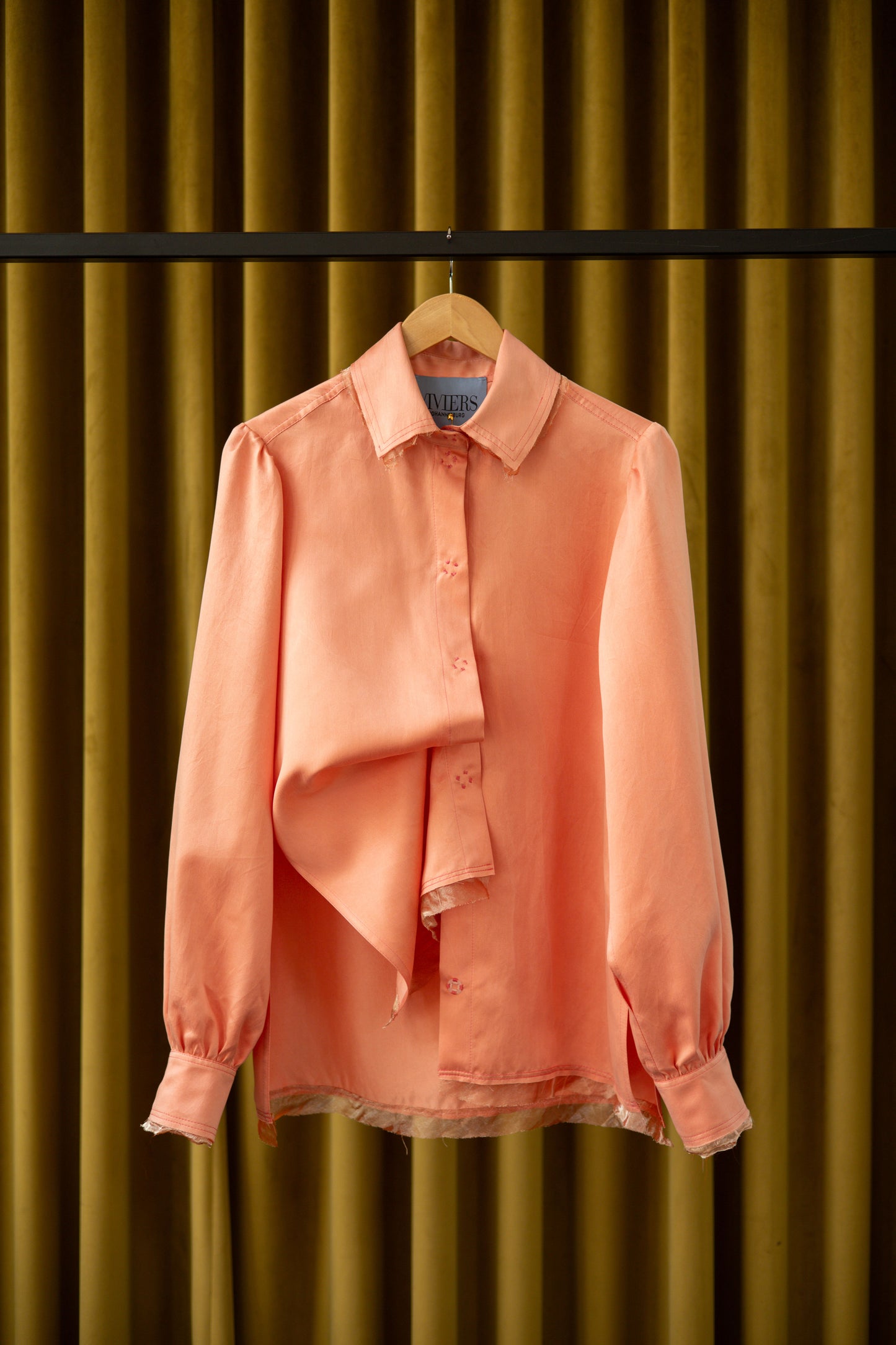 Rosy Maple Gathered-Sleeve  Classic Shirt in Silk Habotai