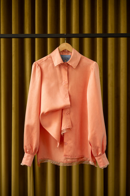 Rosy Maple Gathered-Sleeve  Classic Shirt in Silk Habotai
