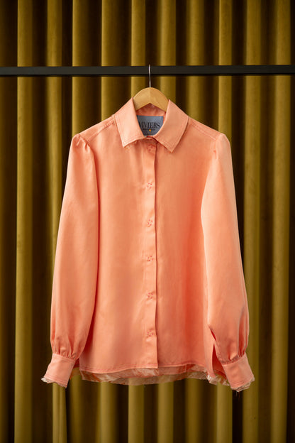Rosy Maple Gathered-Sleeve  Classic Shirt in Silk Habotai