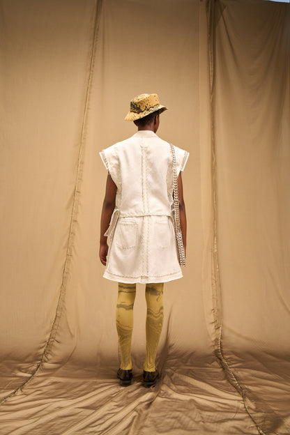 White Organic Hemp Linen Cropped Gilet with Zibbon Pockets