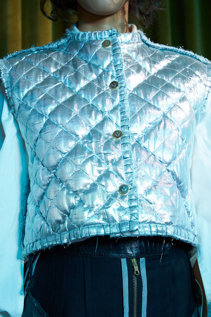 Round Neck Reversible Sashiko Blanket Stitched Cropped Gilet with 100% South African Wool Inner