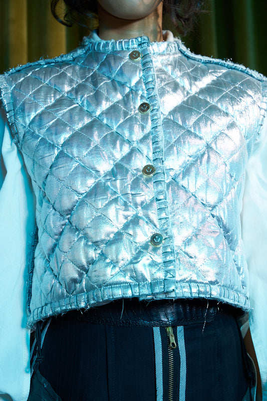 Round Neck Reversible Sashiko Blanket Stitched Cropped Gilet with 100% South African Wool Inner