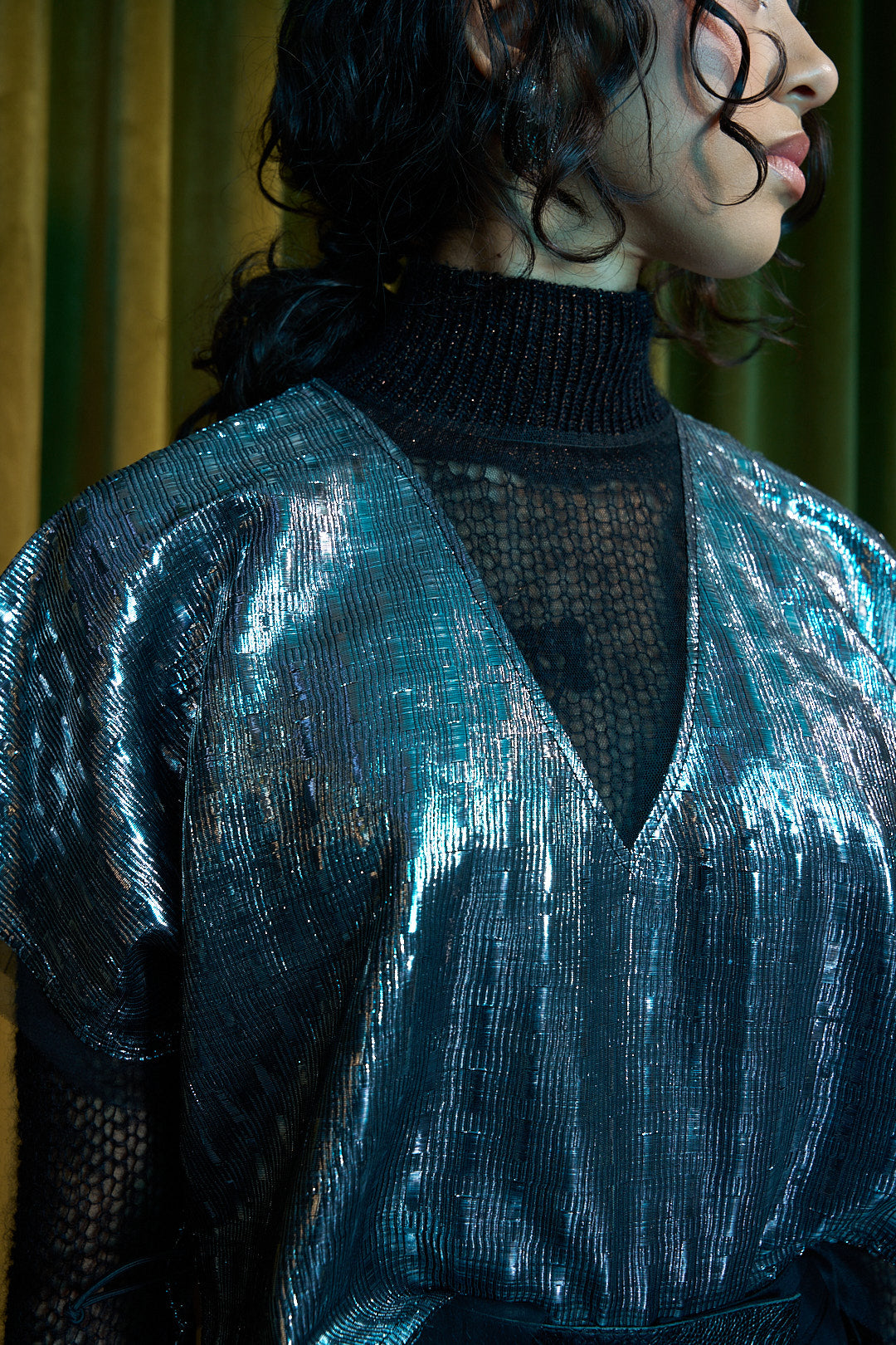 Chrome Silver V-Neck Maxi Top in Couture Metallic Chiffon