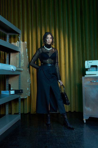 Black and Bronze Artisanal Silk Mohair Knitted Turtleneck Top
