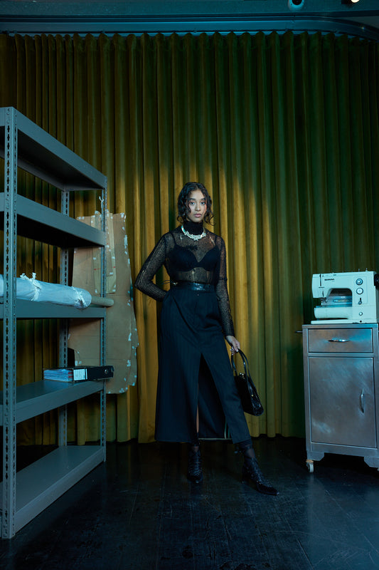 Black and Bronze Artisanal Silk Mohair Knitted Turtleneck Top