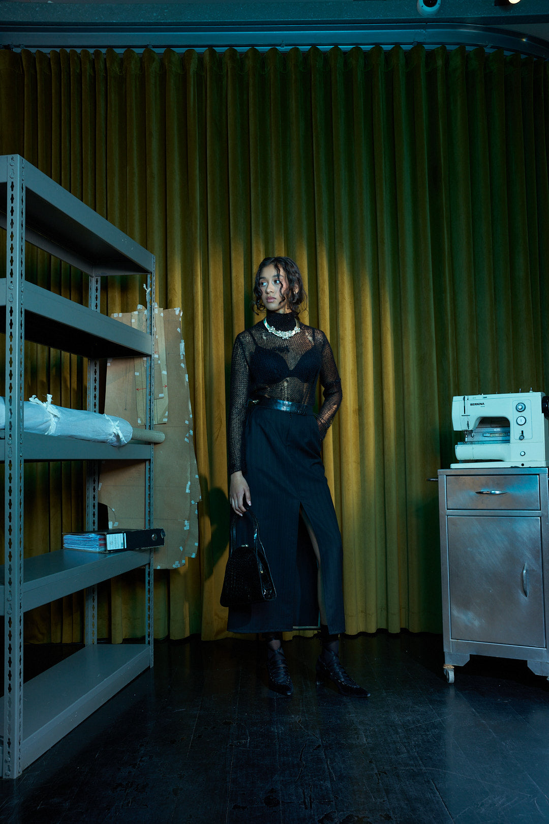 Black Worsted Wool Mohair Suiting Long Tube Skirt with Ostrich Leather