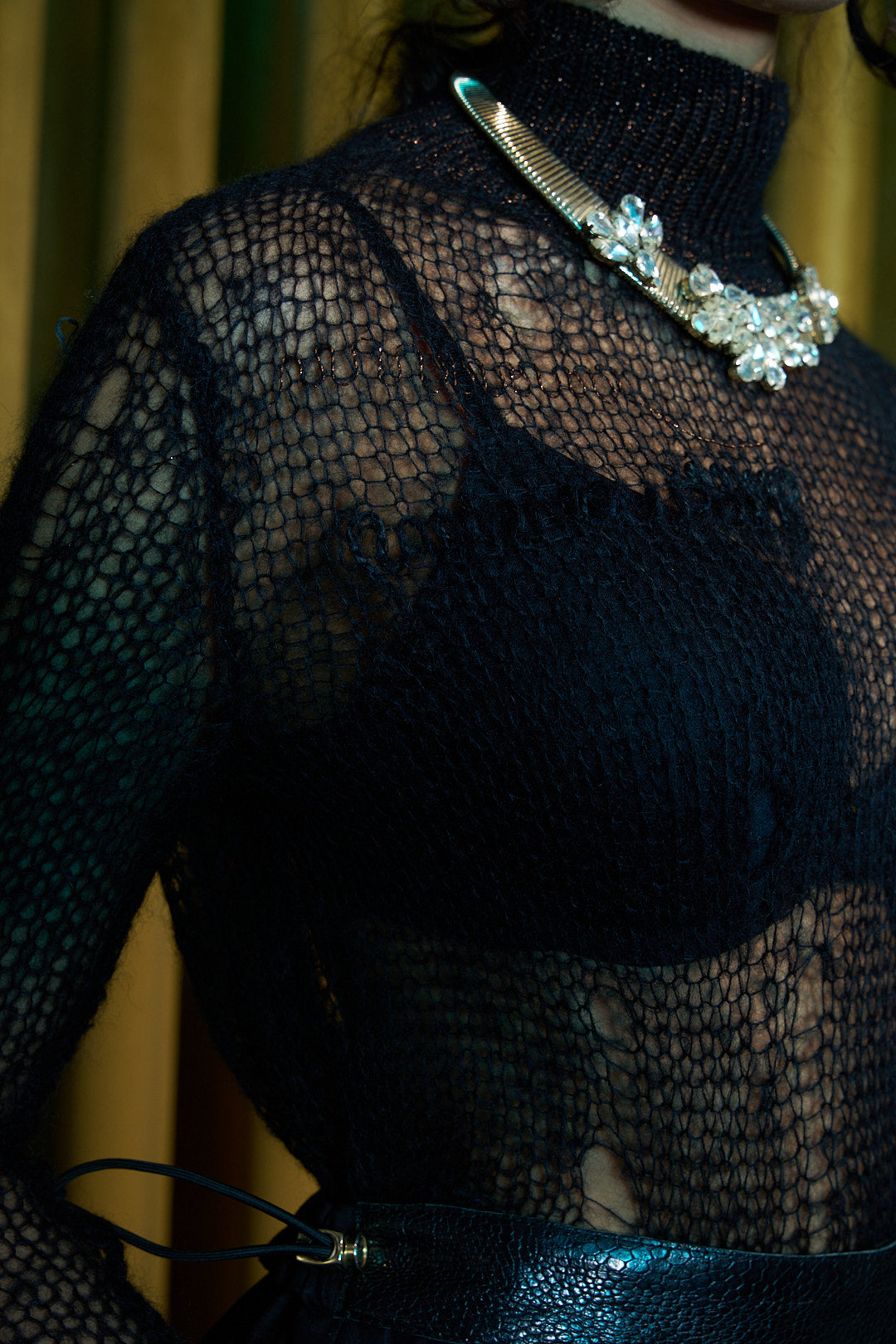 Black and Bronze Artisanal Silk Mohair Knitted Turtleneck Top
