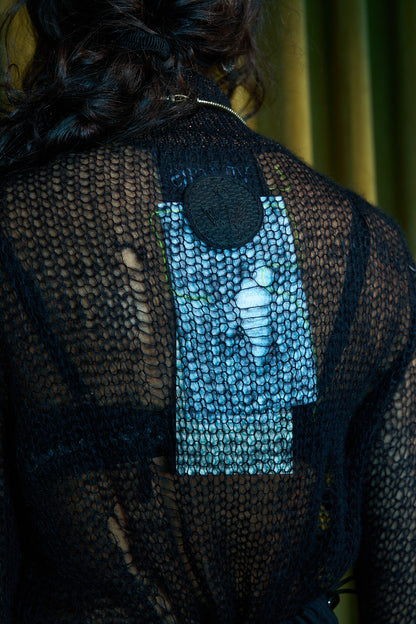Black and Bronze Artisanal Silk Mohair Knitted Turtleneck Top