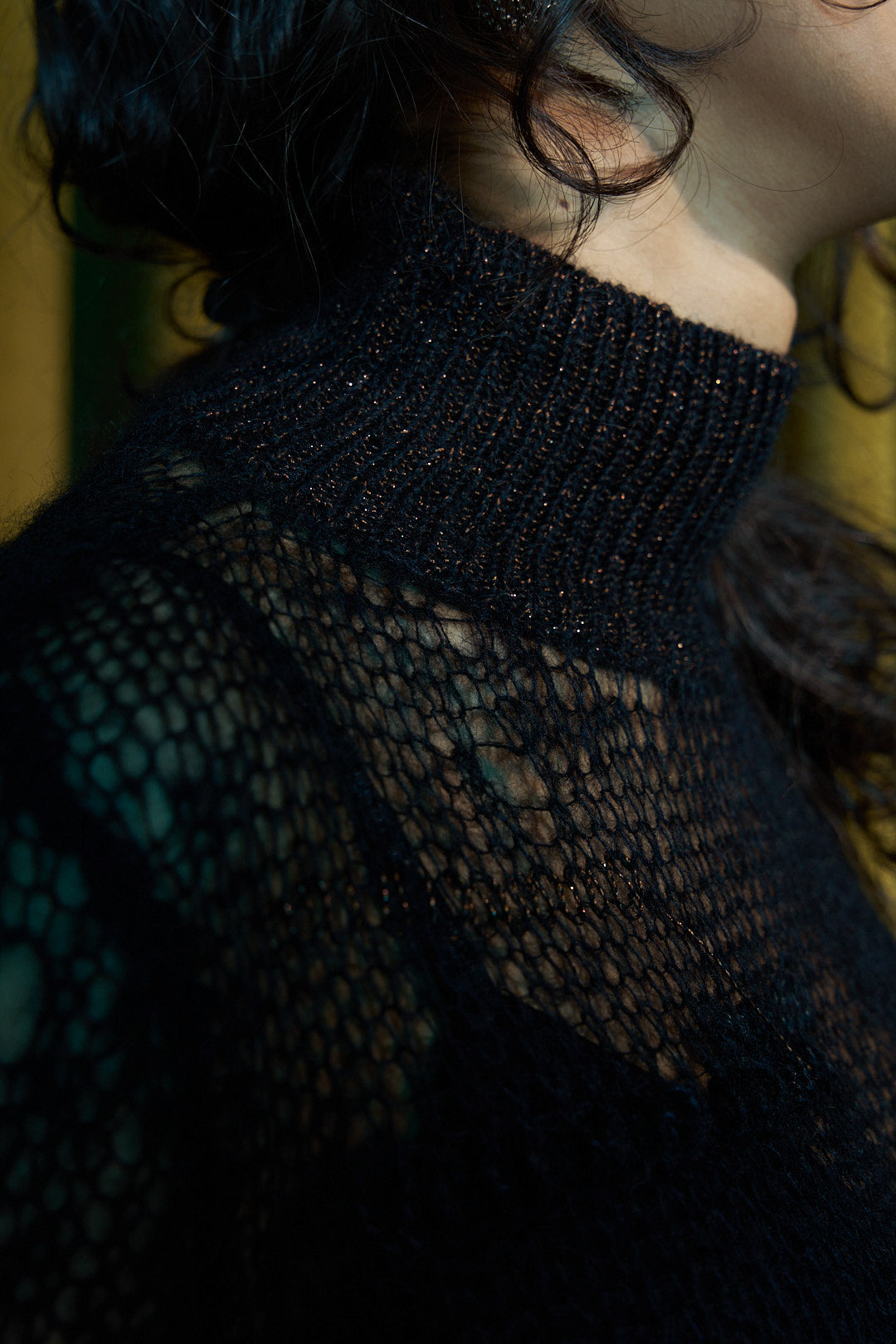 Black and Bronze Artisanal Silk Mohair Knitted Turtleneck Top