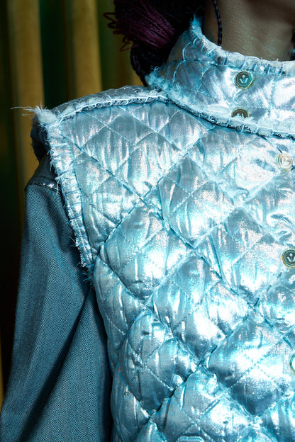 Reversible Sashiko Blanket Stitched Cropped Gilet with 100% South African Wool Inner
