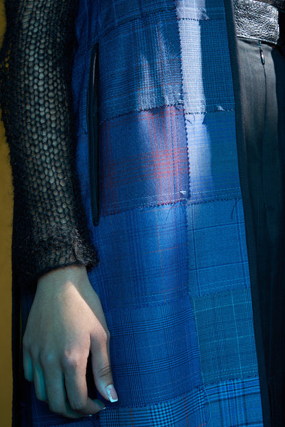 Nocturne Patchworked  Long V-Neck Gilet in Wool Suiting