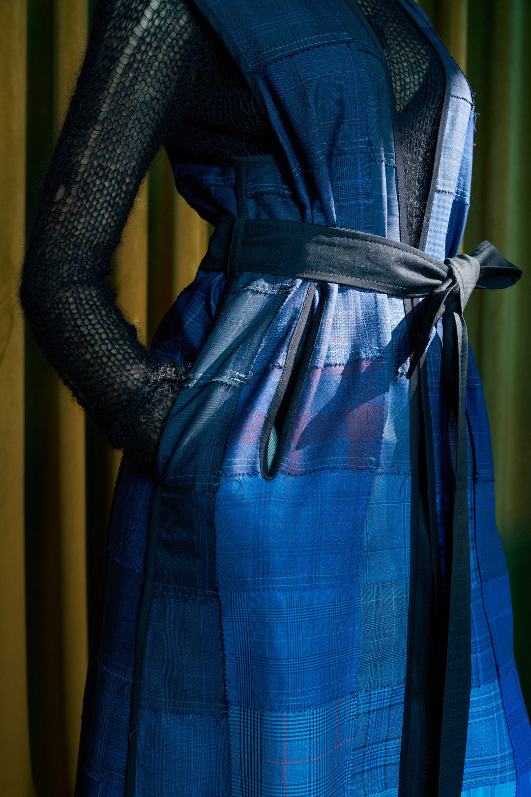 Nocturne Patchworked  Long V-Neck Gilet in Wool Suiting