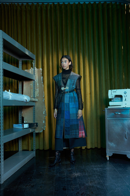 Diurnal Patchworked Long V-Neck Gilet in Checked Wool Suiting