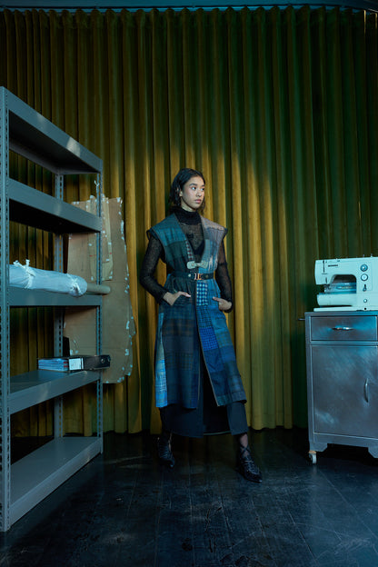Diurnal Patchworked Long V-Neck Gilet in Checked Wool Suiting