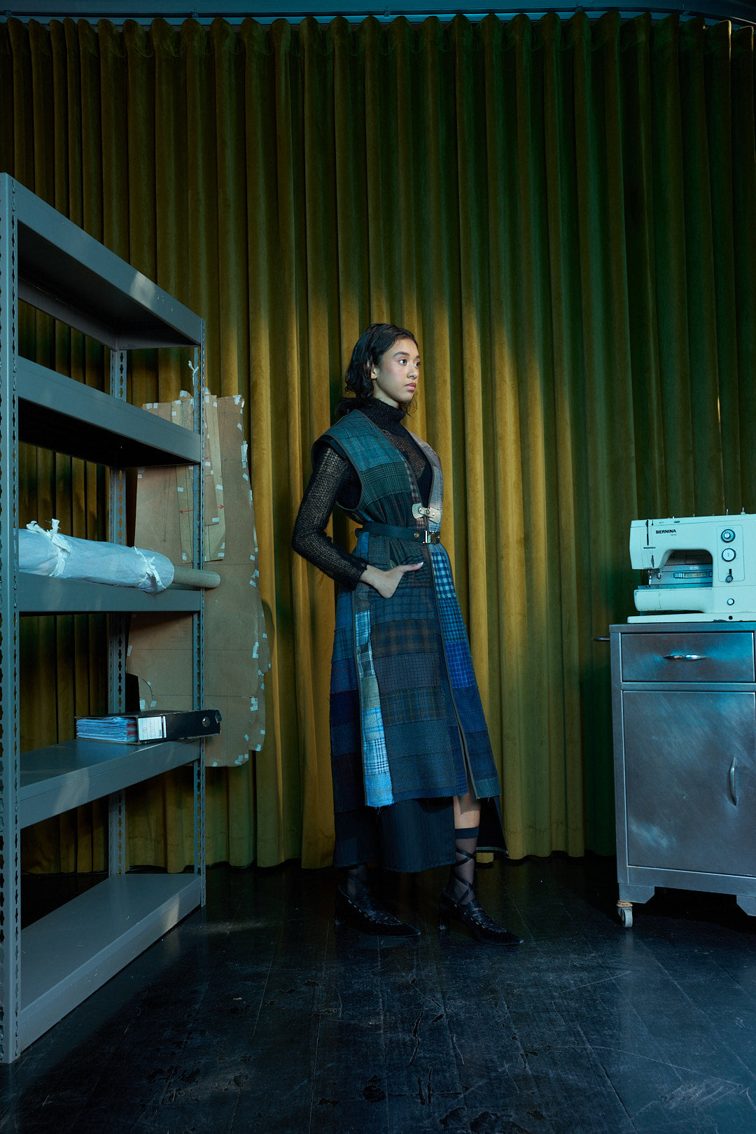 Diurnal Patchworked Long V-Neck Gilet in Checked Wool Suiting