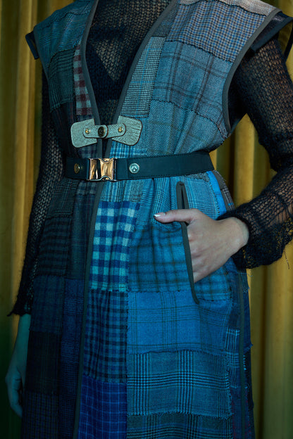 Diurnal Patchworked Long V-Neck Gilet in Checked Wool Suiting