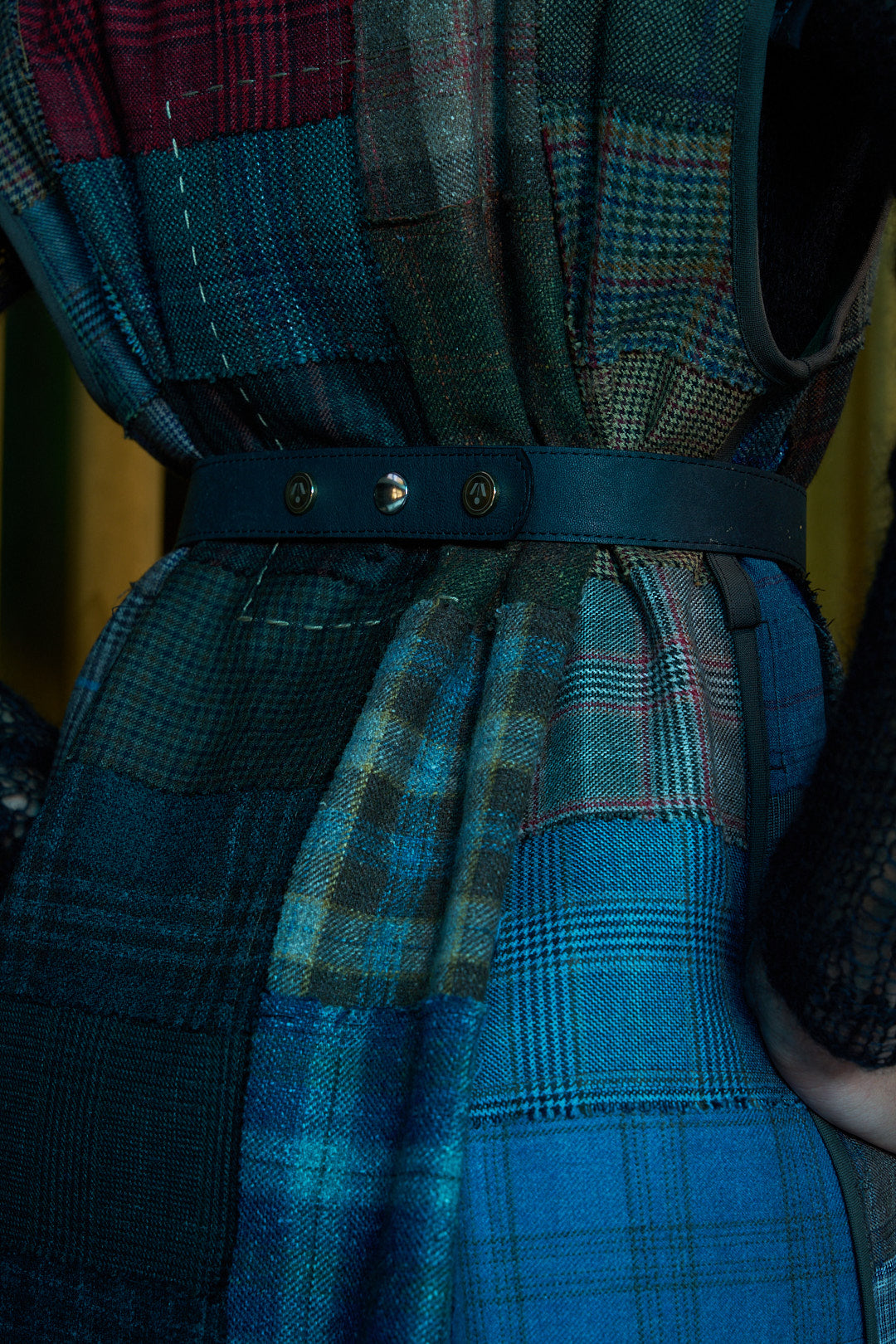 Diurnal Patchworked Long V-Neck Gilet in Checked Wool Suiting
